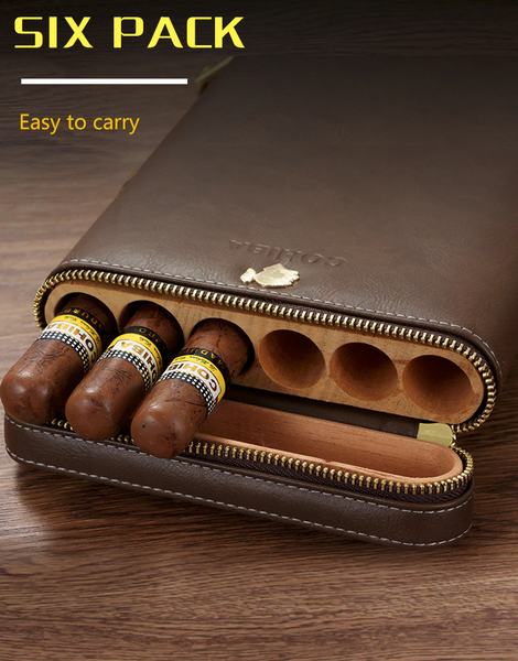 Portable Leather Cigar Case Humidor 6 Tubes Holder Mini Humidor